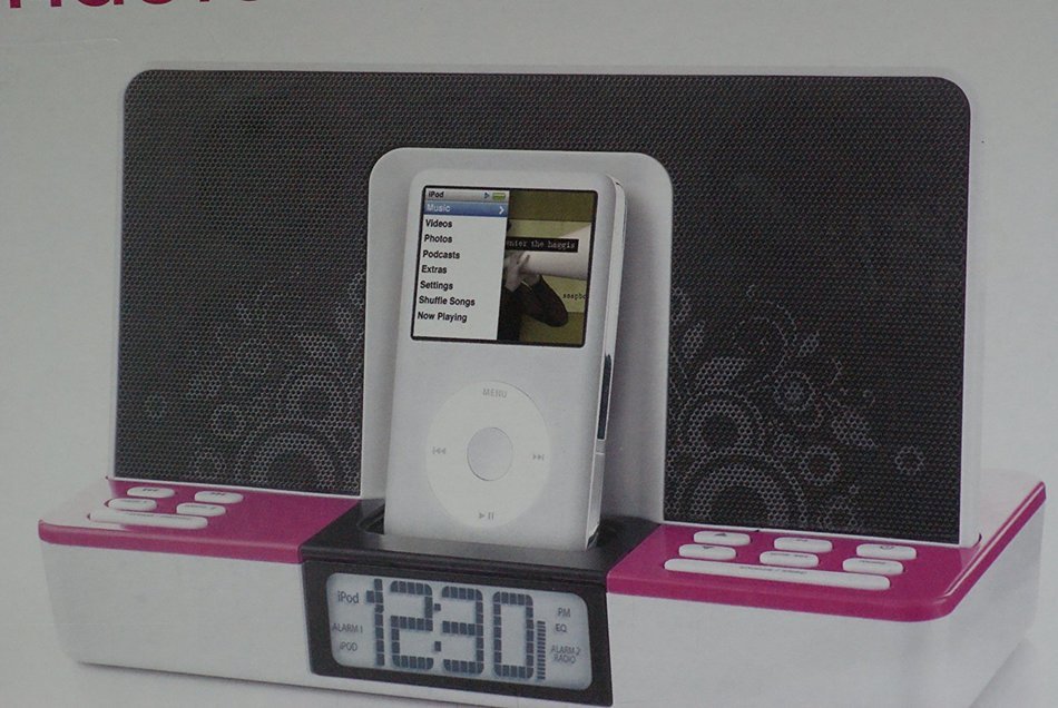Memorex Clock Radio for iPod with Dual Alarm Settings Pink/White