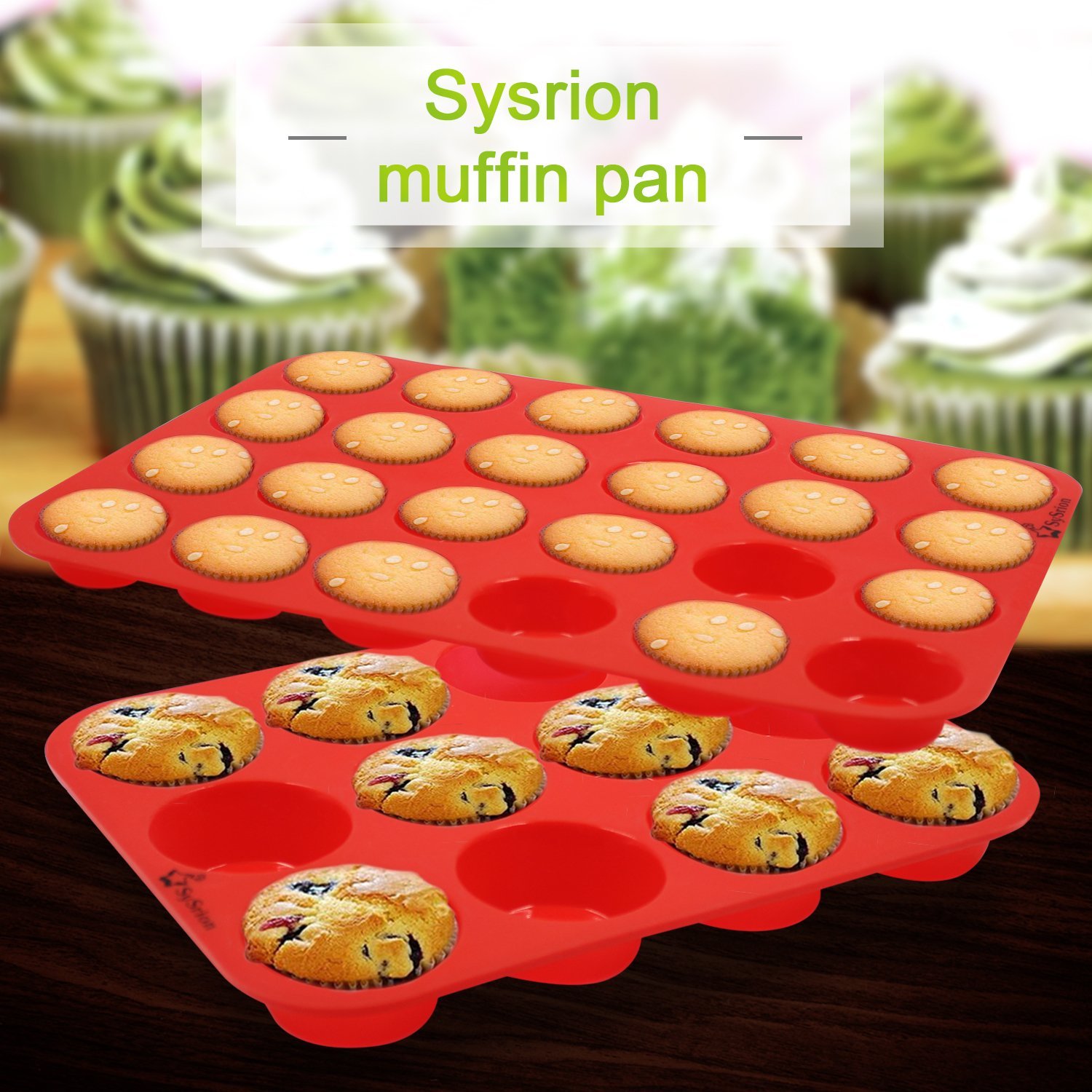 Silicone Mini Muffin Pans, SySrion 24 Cup Premium Cupcakes Pan Shapes