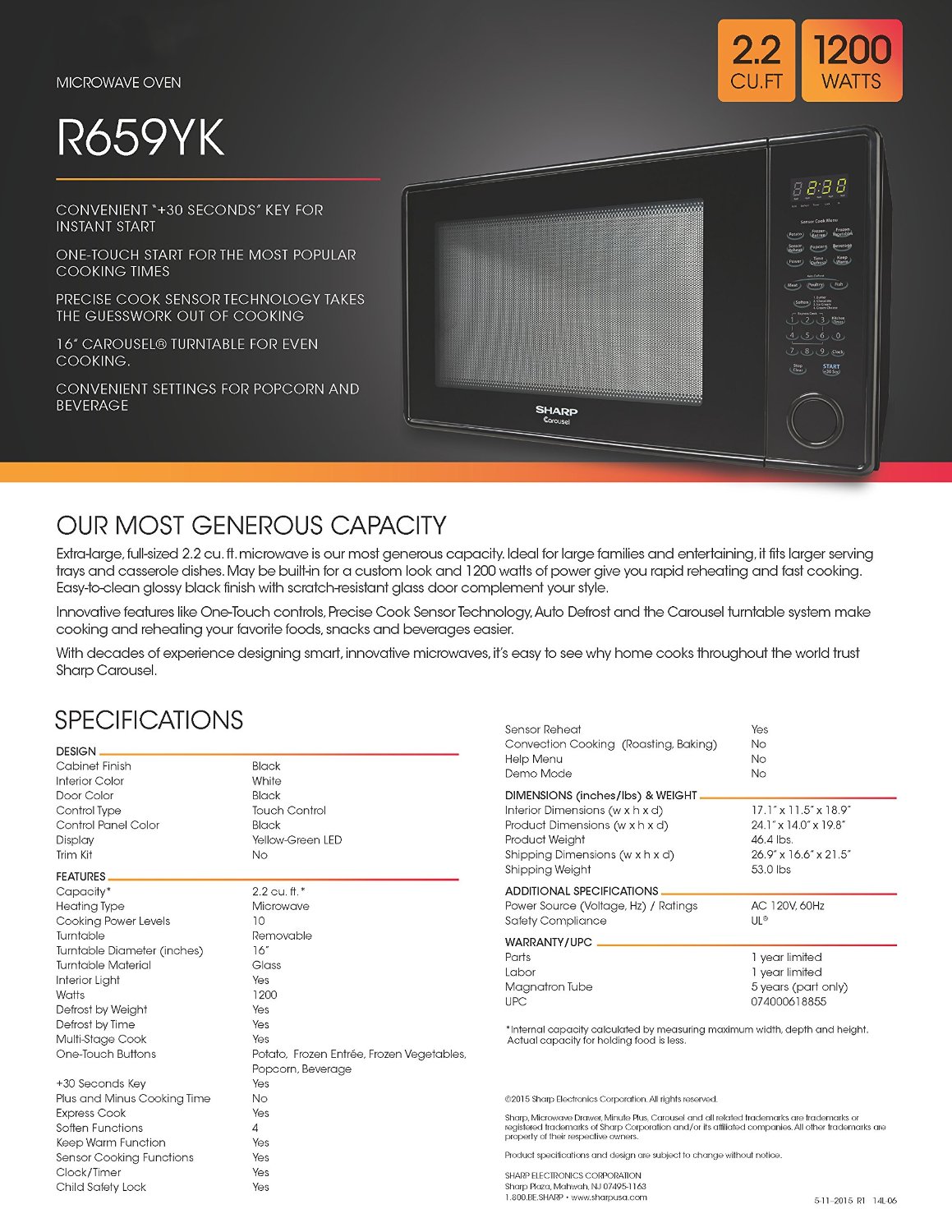 Sharp Countertop Microwave Oven ZR651ZS 2.2 cu. ft. 1200W Stainless