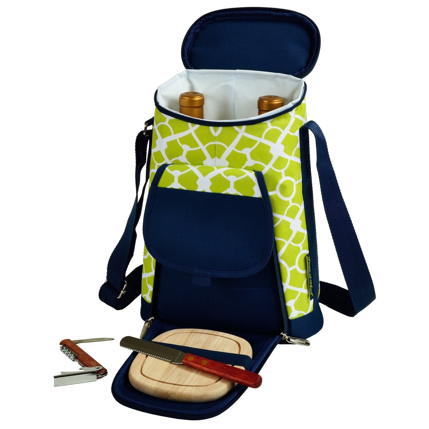 Picnic at Ascot Stylish 2 Bottle Insulated Wine Tote Bag with Cheese Board, Knife and Corkscrew