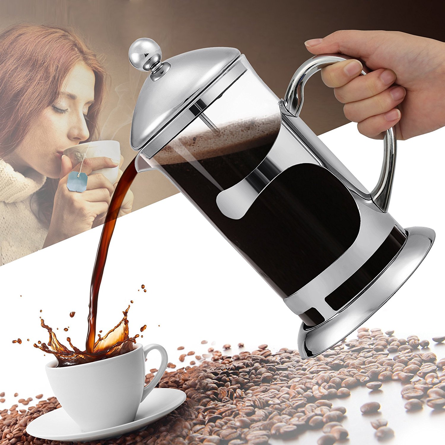 Homdox French Press Glass and Stainless Steel Coffee Maker, 8 Coffee