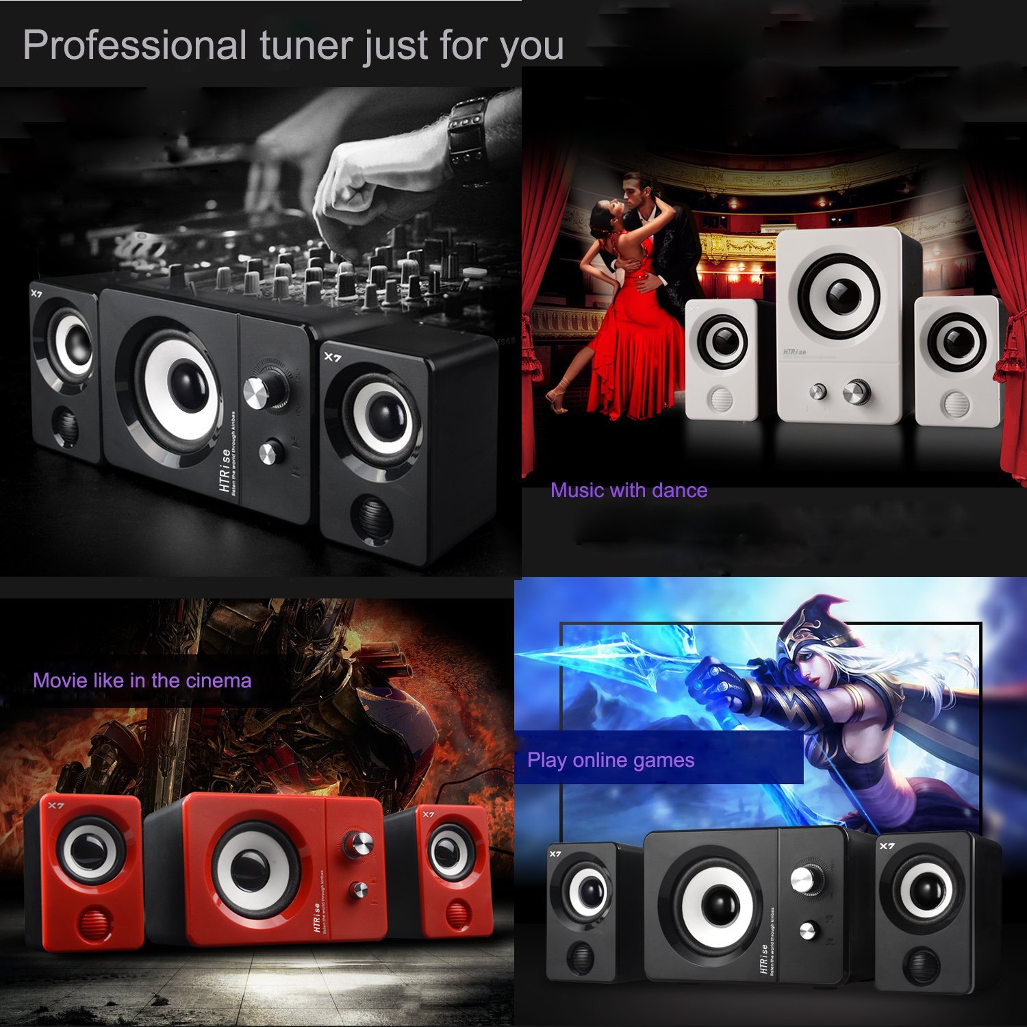 HTRise USB Wired 3 in 1 Stereo Satellite Speakers with Subwoofer of