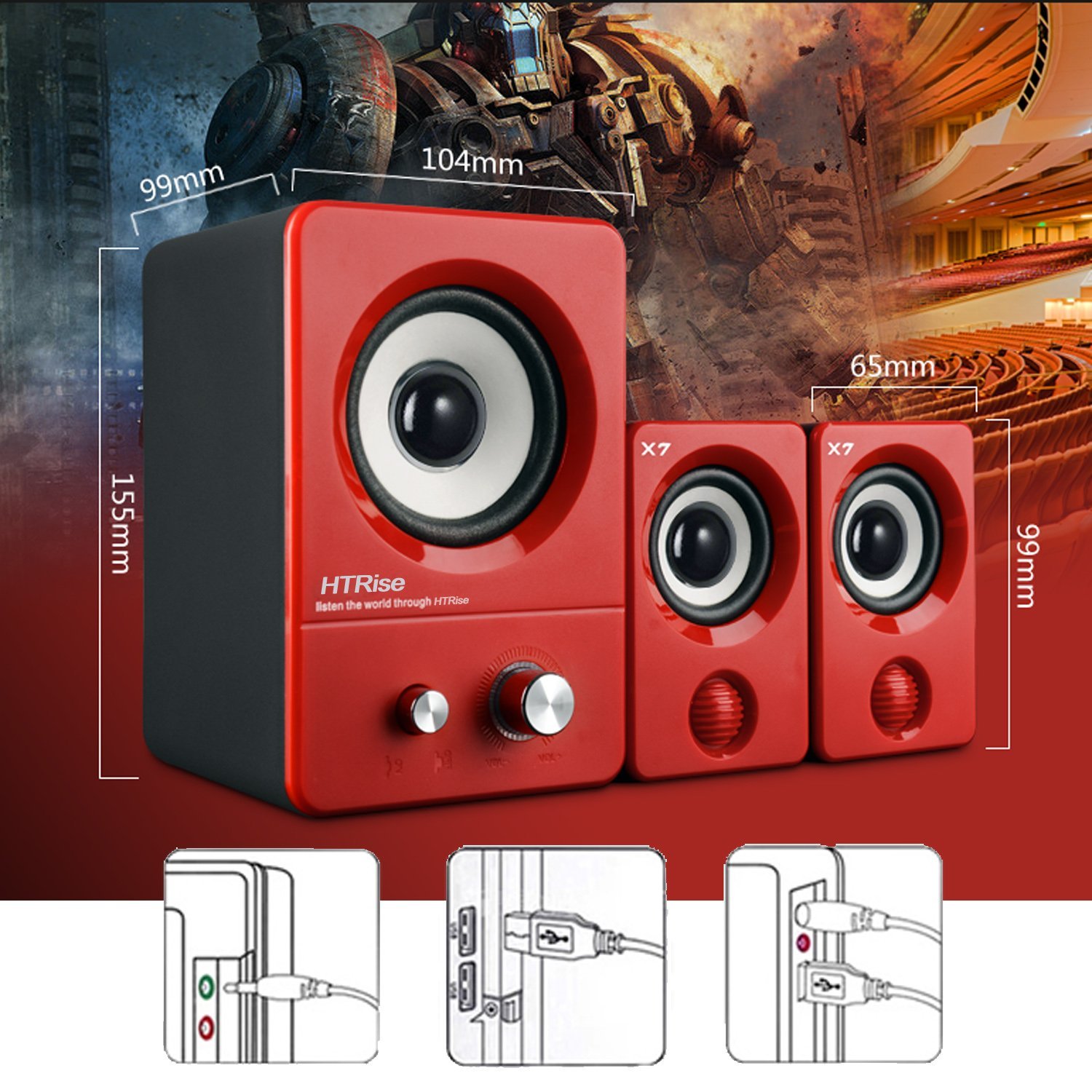 HTRise USB Wired 3 in 1 Stereo Satellite Speakers with Subwoofer of