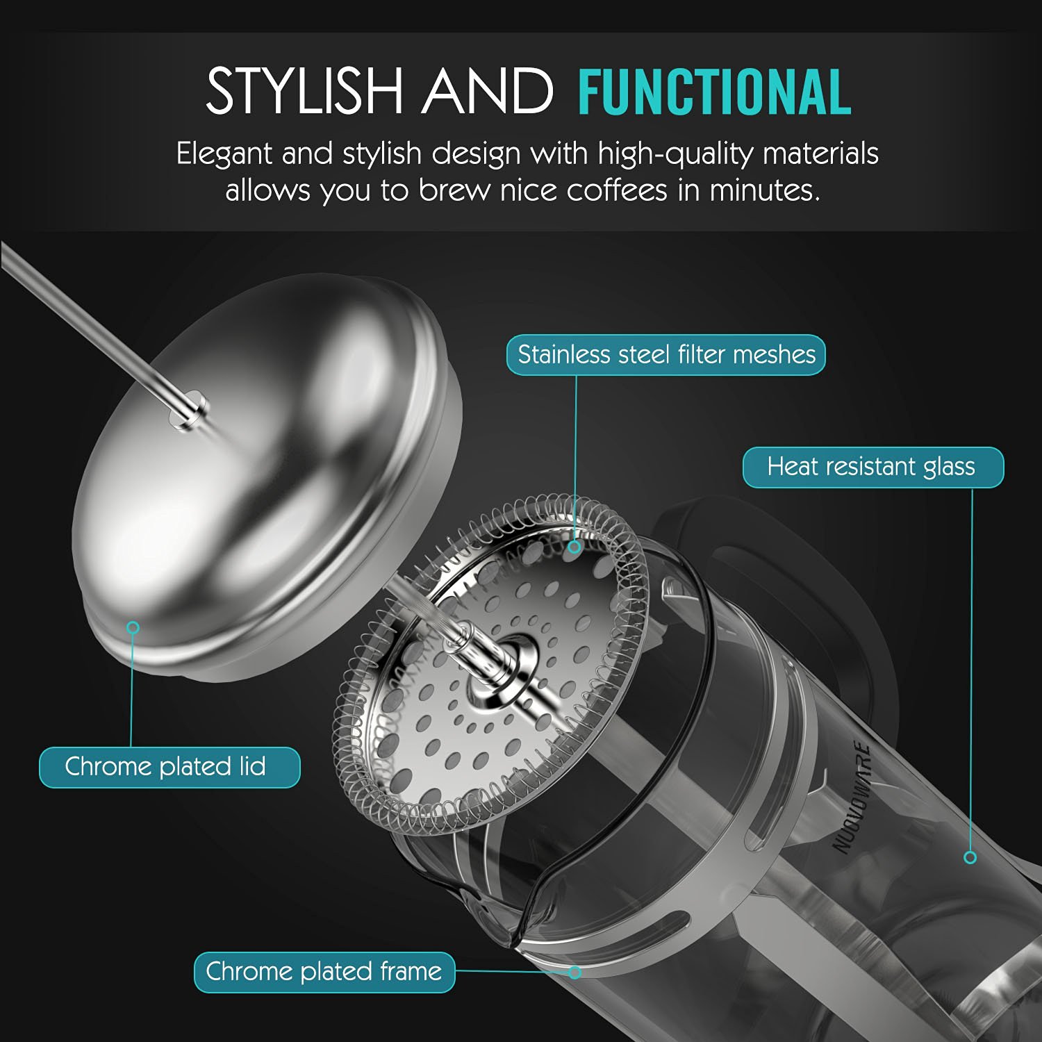 Classic French Press, Nuovoware 0.88 Quart Triple Filter French Press