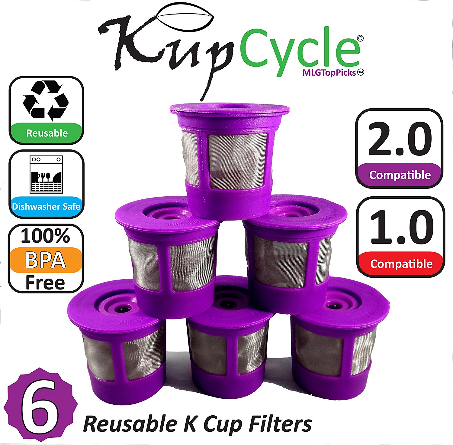 6 Pack KupCycle Reusable K Cup Filters for Keurig 2.0, Backwards
