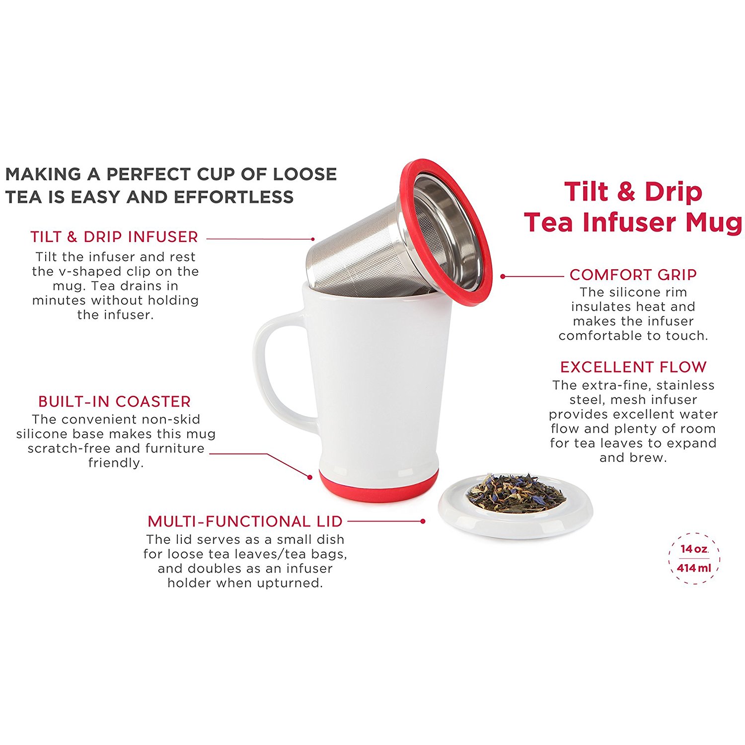 CasaWare Tilt and Drip Tea Infuser Ceramic Mug, 14Ounce (Matcha Green