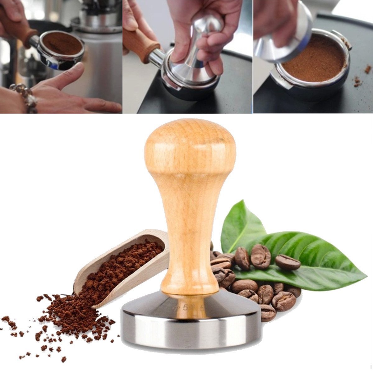 Shop24Hrs Aluminum Casting Espresso Coffee Tamper Flat Base Wood Handle