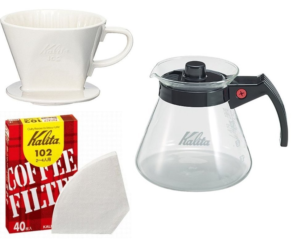 Three Kalita 102 Series Coffee Products Server, Porcelain Dripper and