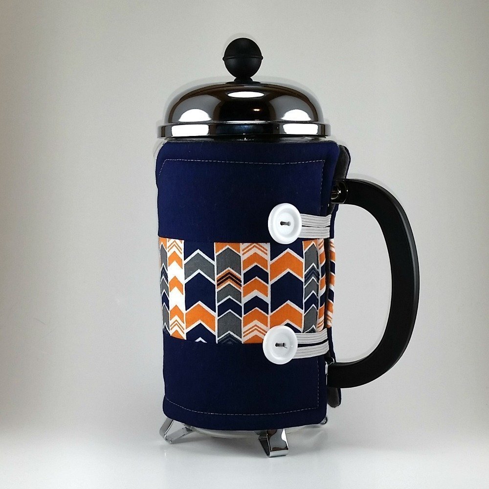 French Press Cozy Cover,8 cup, Insulated Coffee Wrap, Navy Blue Chevron