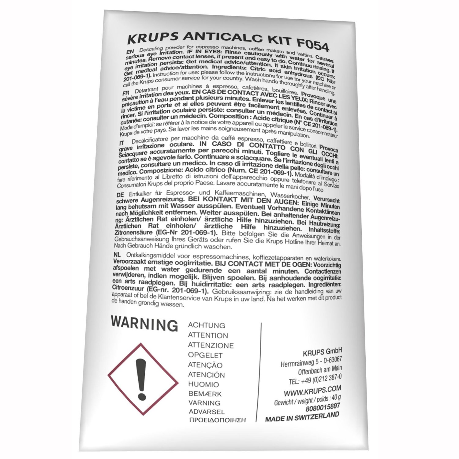 KRUPS F054 Descaling Powder for Kettles Coffee and Espresso Makers