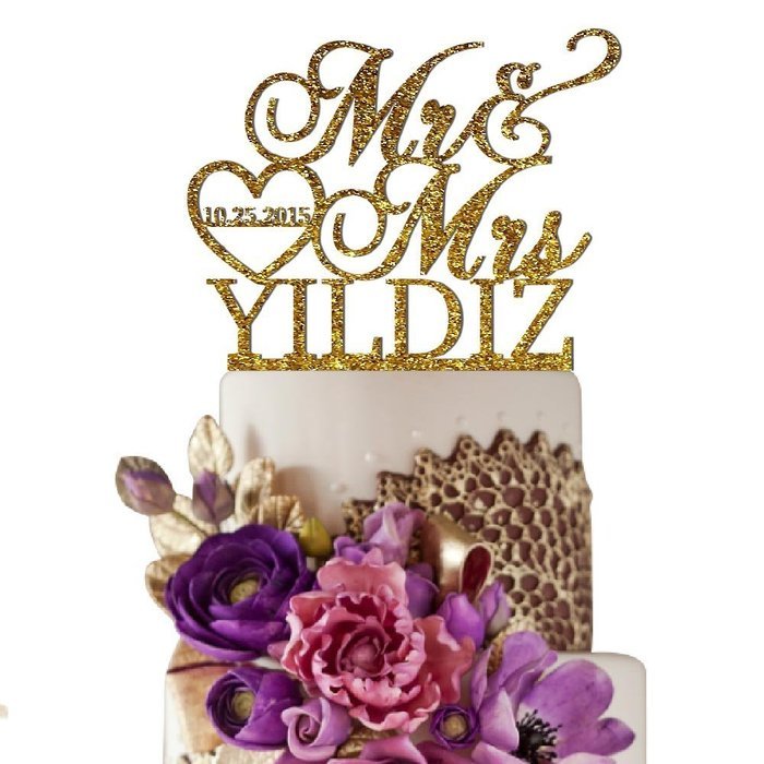 Sugar Yeti Made In USA Personalized Wedding Cake Topper Mr Heart Mrs With Date 32 Gold Mirror