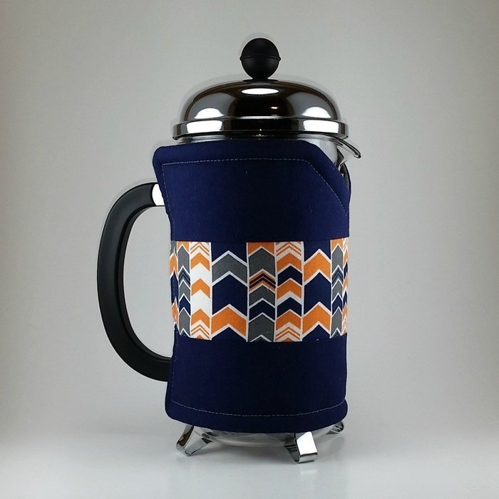 French Press Cozy Cover,8 cup, Insulated Coffee Wrap, Navy Blue Chevron