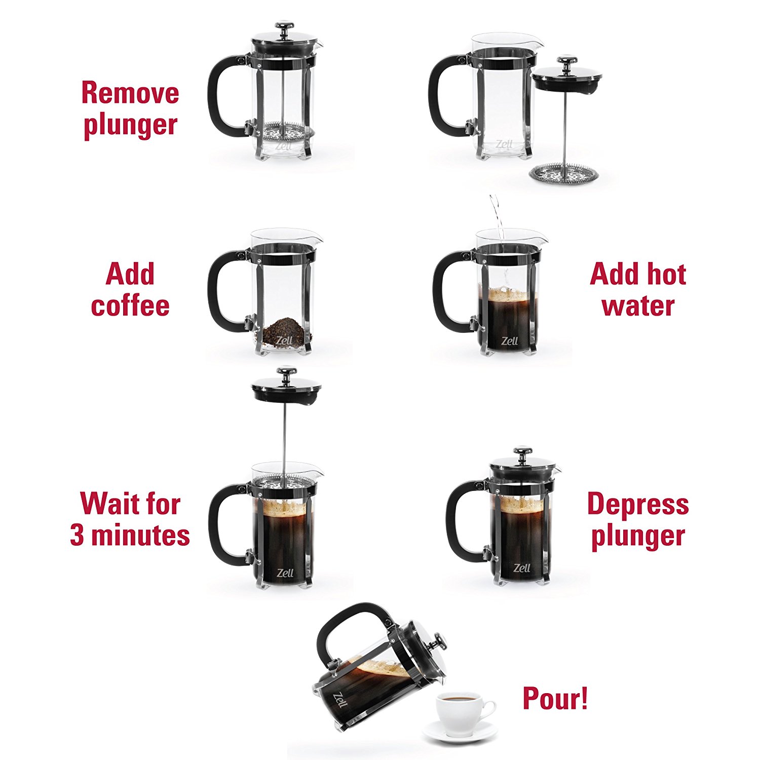 Zell French Press Coffee Maker and Glass Milk Frother Set, 34 oz (1