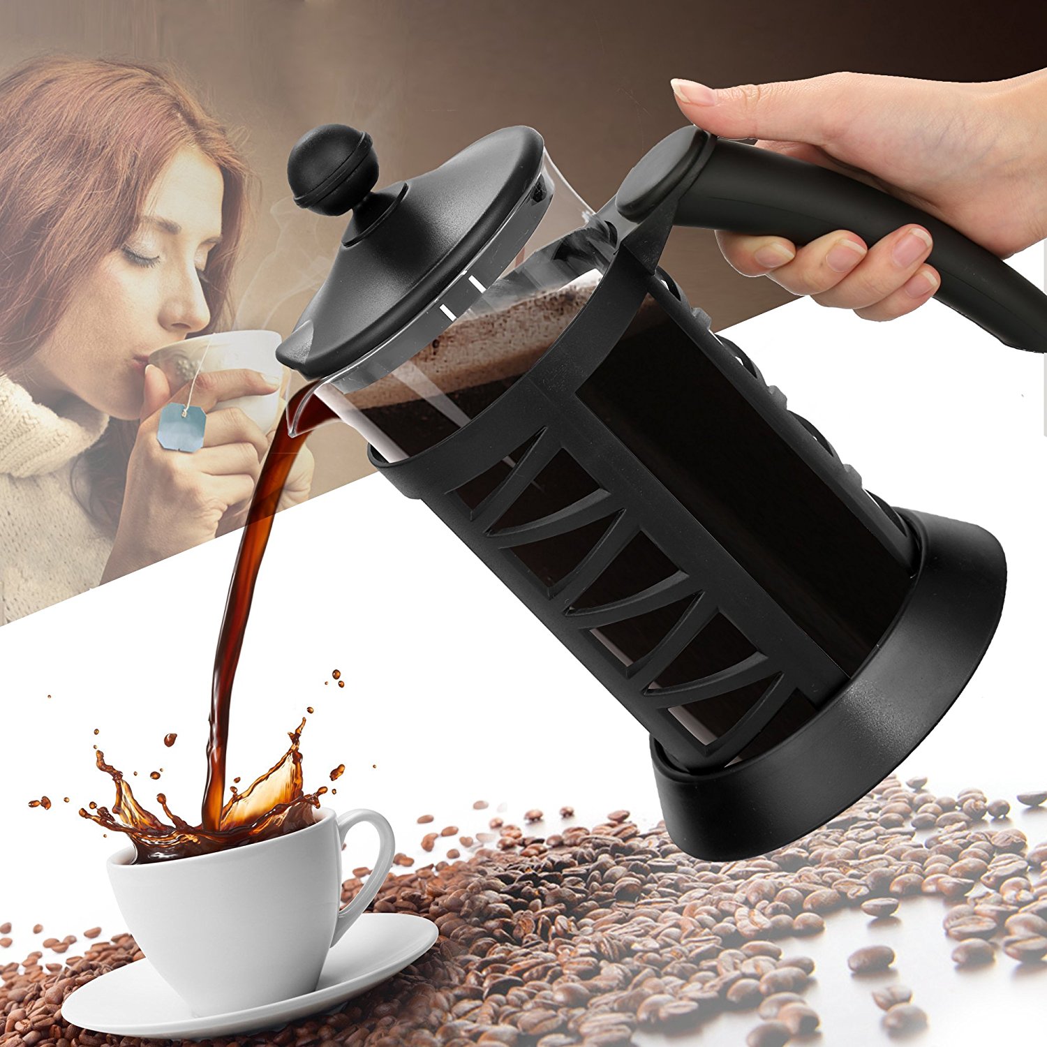 Homdox French Press Glass and PP Plastic Coffee Maker, 8 Coffee Cups (1