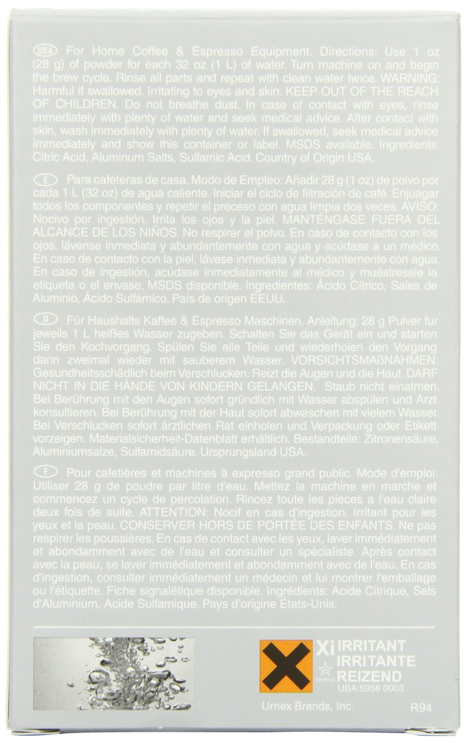 Urnex Dezcal Coffee and Espresso Machine Descaling Powder, 4 Single Use