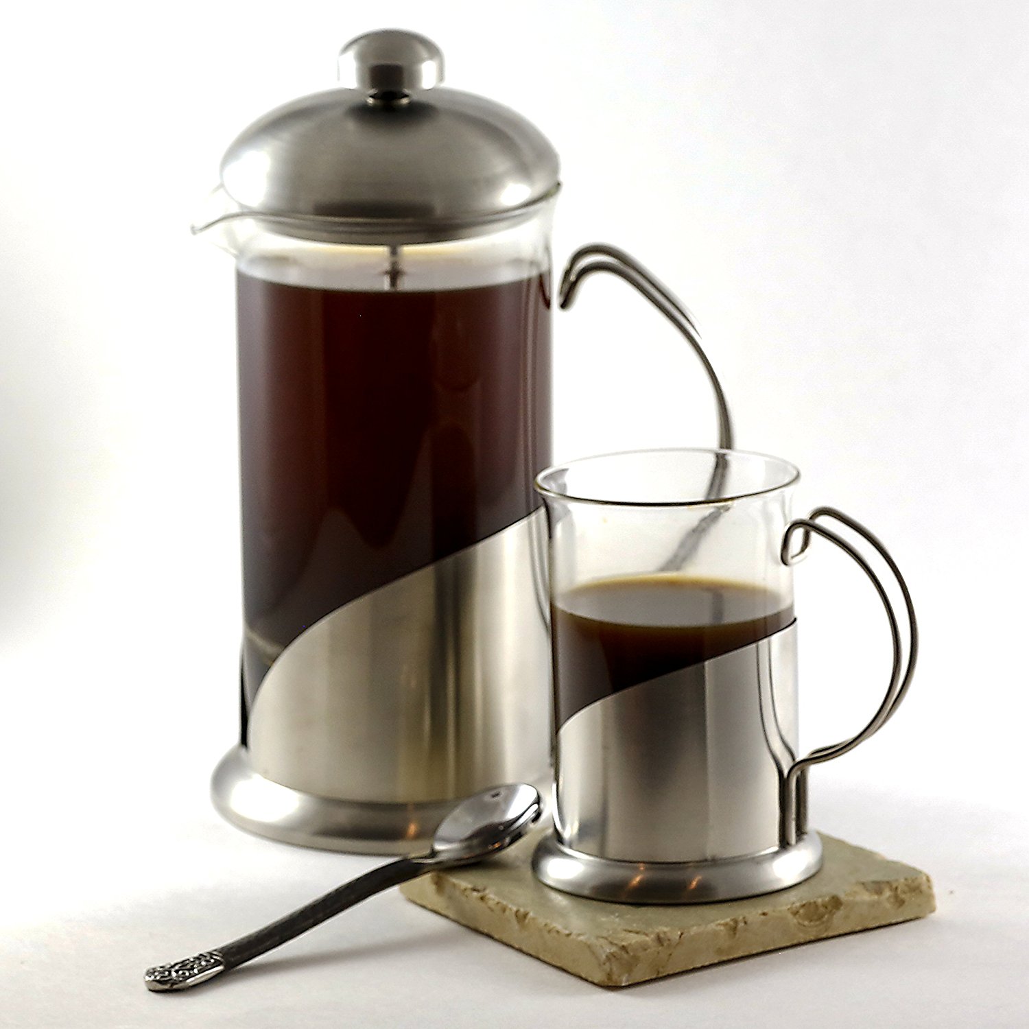 GSG French Coffee Press with Two Matching Cups Glass & Stainless