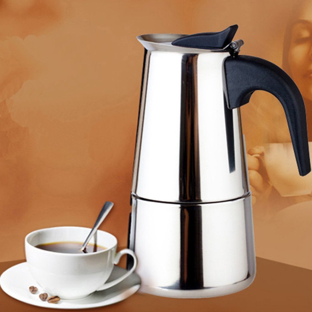Stainless Steel Coffee Pot Kettle Stove Top Espresso Maker, Silver Tone 9Cup (450ml) N3 free