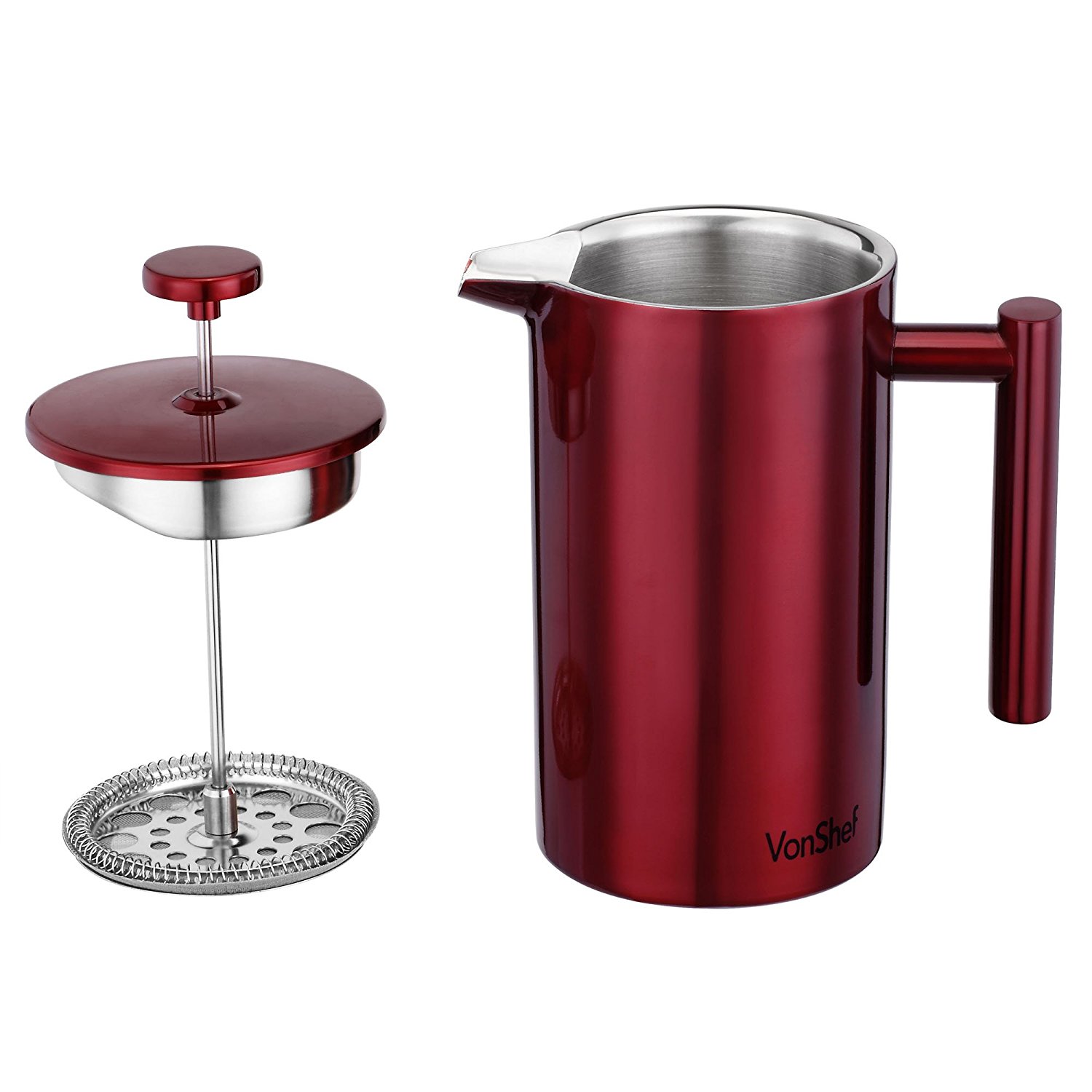 VonShef Red Double Wall Keep Warm Satin Polished Stainless Steel French