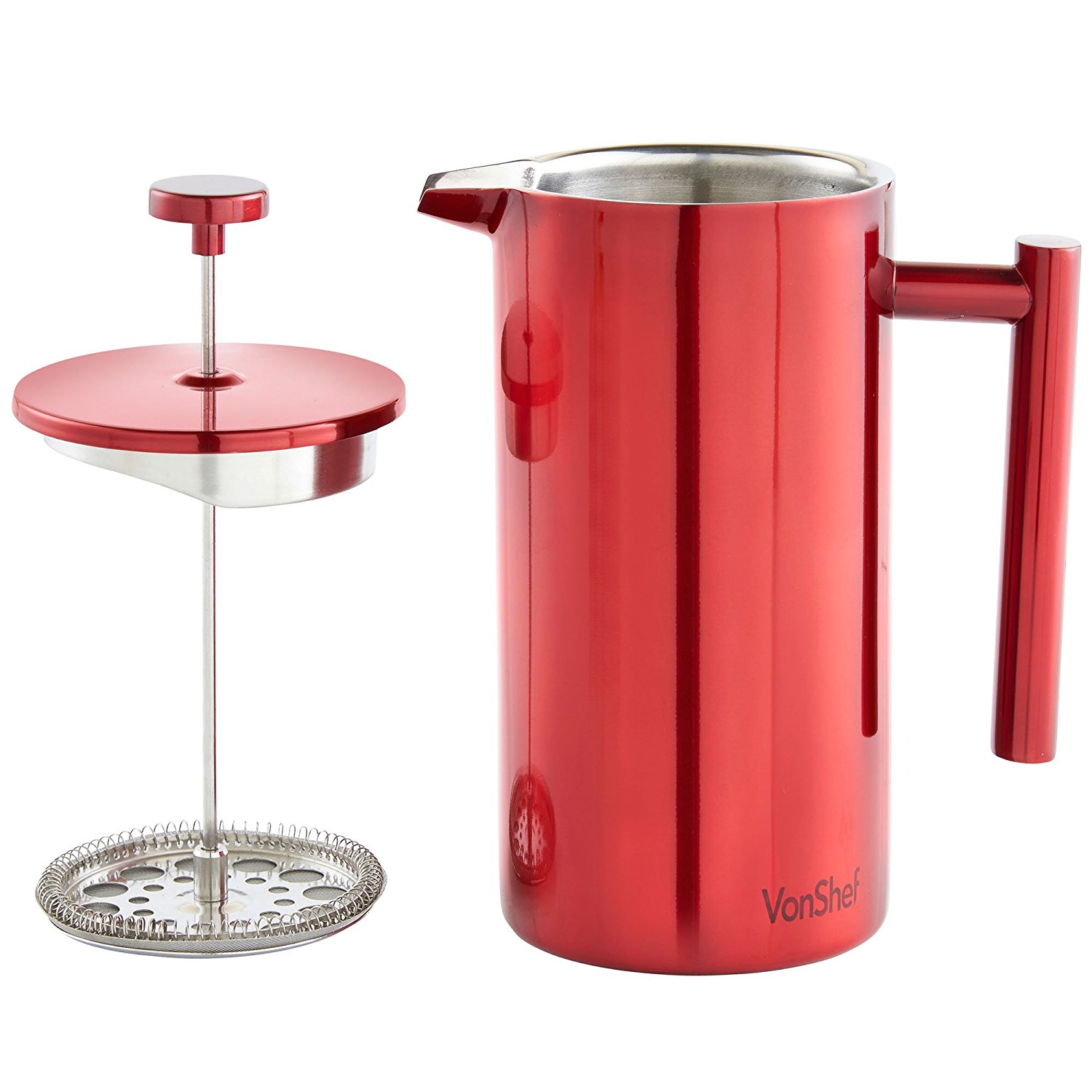 VonShef Red Double Wall Keep Warm Satin Polished Stainless Steel French