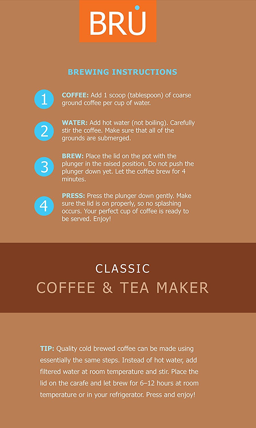SALE! French Press BRU USA Durable Coffee & Tea Maker 1 Liter / 34
