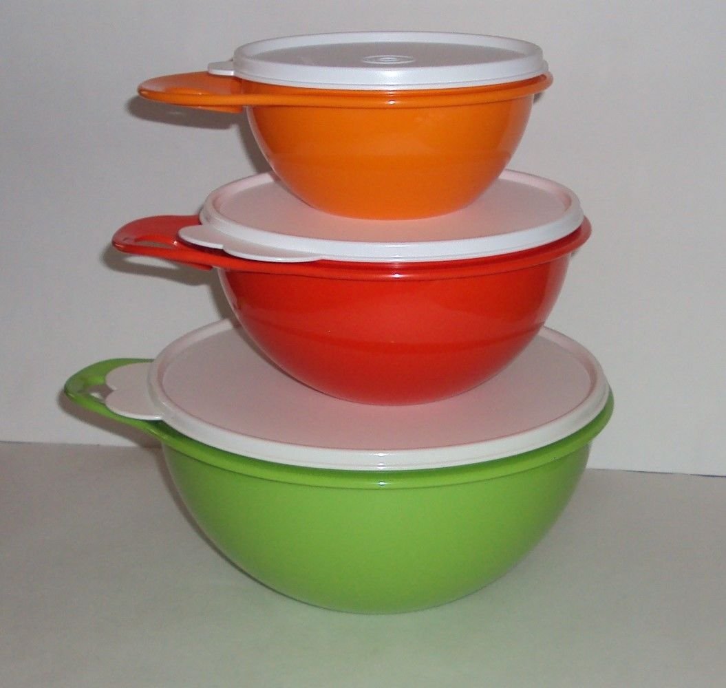 Tupperware Set of 3 Thatsa Bowls Mixing Bowl Set Red Green Orange N3