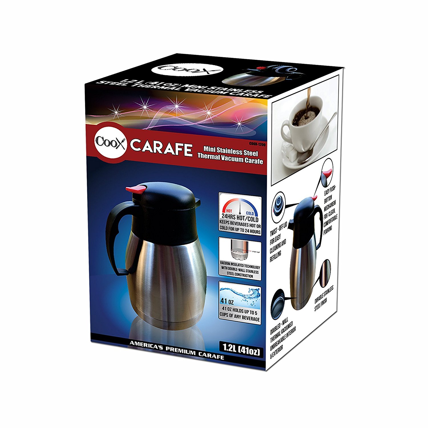 COOX 1.2L Mini Vacuum Insulated Thermal Carafe Pitcher Unbreakable Stainless Steel Double Wall