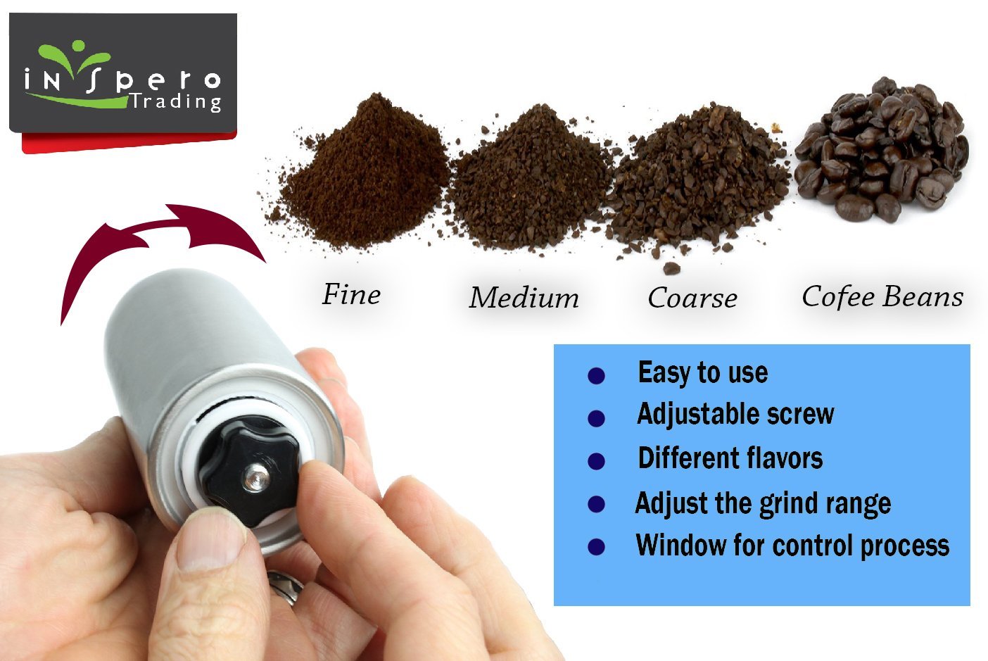 Manual Coffee Grinder, Premium Stainless Steel, Acrylic Glass, Ceramic