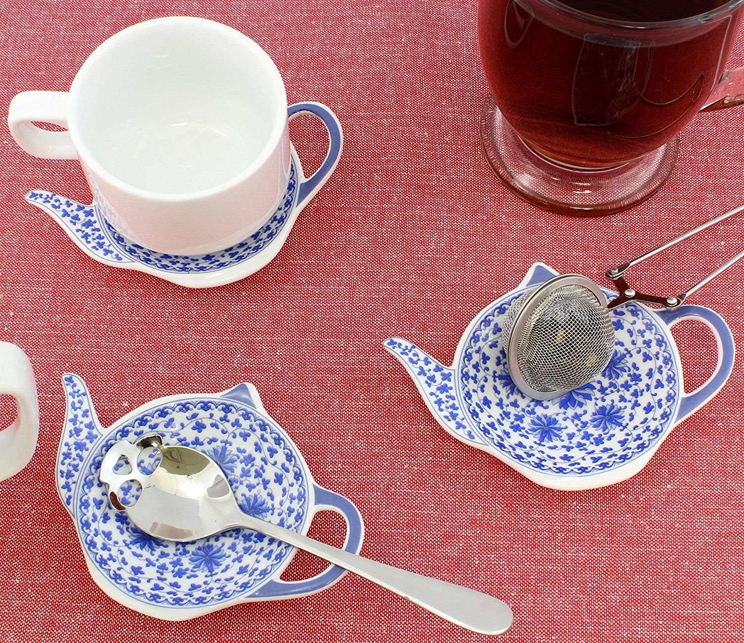 4Pack of Blue & White TeapotShaped Porcelain Ceramic Tea Bag Coasters
