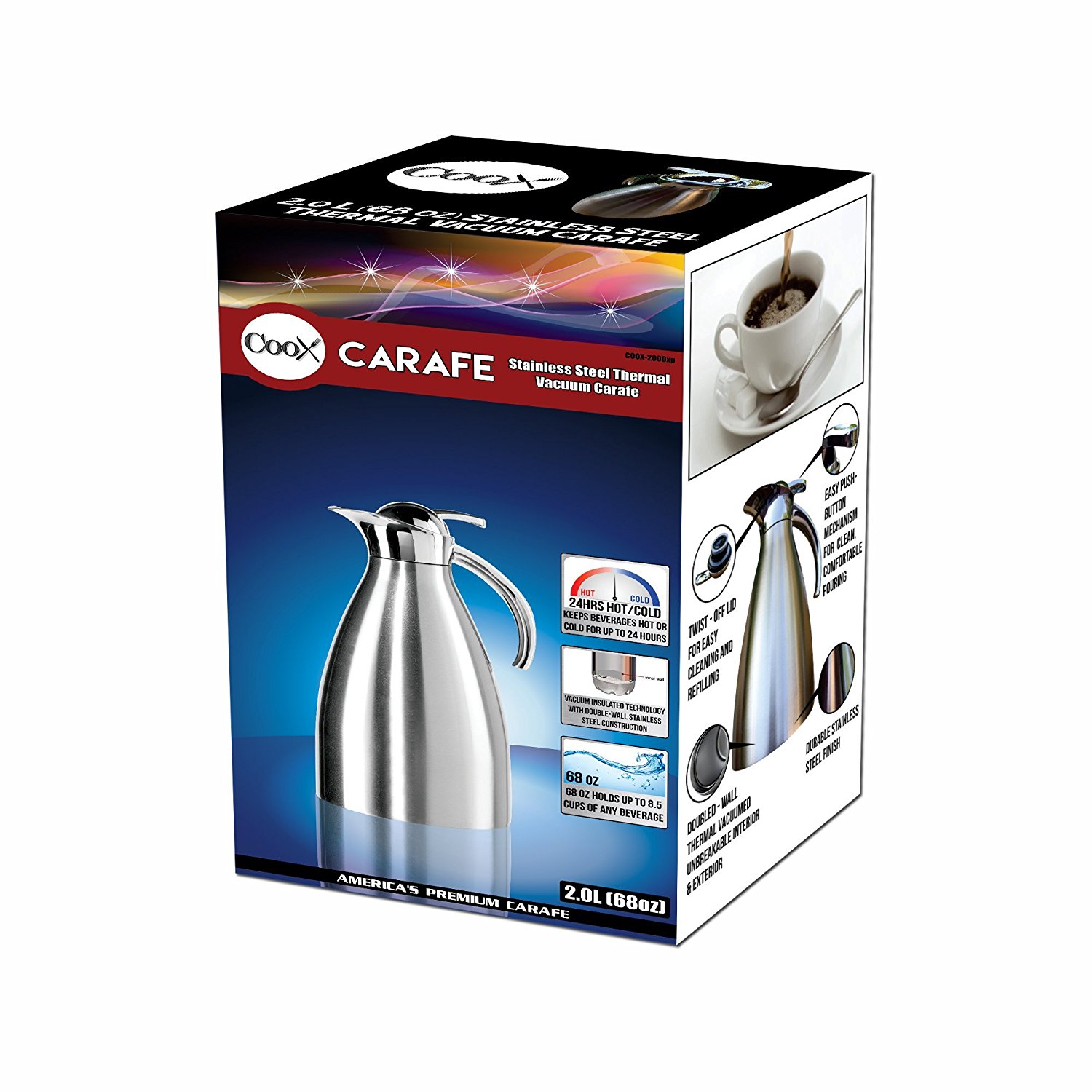 COOX 2.0L Deluxe Stainless Steel Thermal Carafe Pitcher Unbreakable Double Wall Vacuum