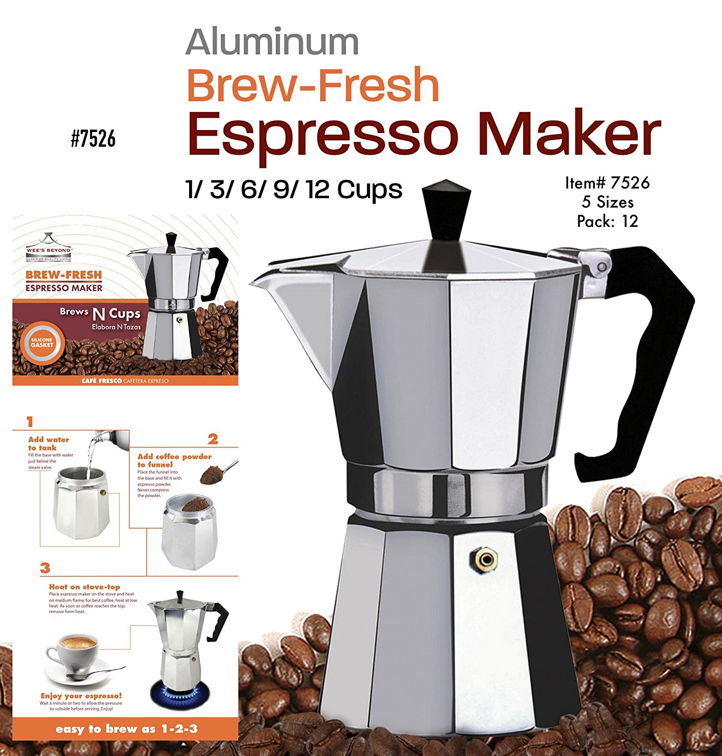 Wee's Beyond 752612 BrewFresh Aluminum Espresso Maker, 12 Cup, Silver