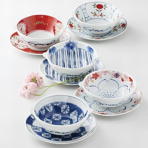 Saikai Pottery Somenishiki Soup bowl with saucer 5 sets 5 designs From
