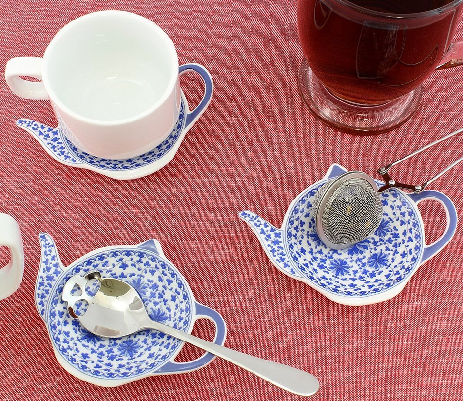 4Pack of Blue & White TeapotShaped Porcelain Ceramic Tea Bag Coasters