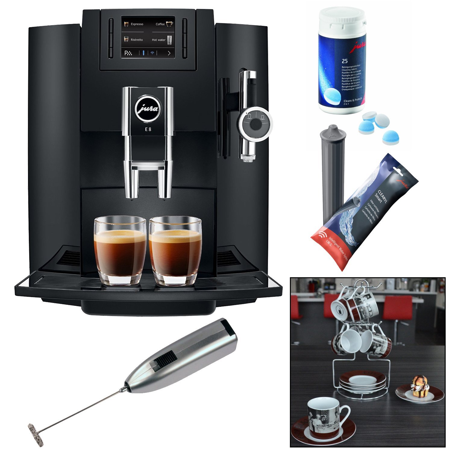 Jura E8 Espresso Machine + Cleaning Tablets + Filter Cartridge + Knox