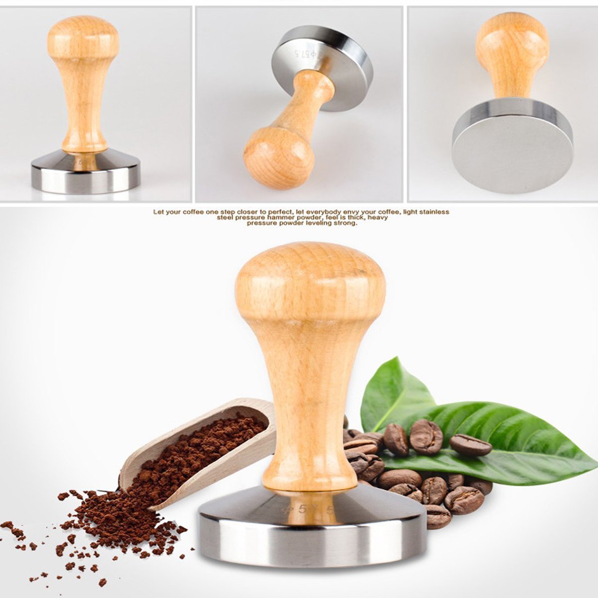 Bluefun Coffee Tamper Stainless Steel Flat Base Wood Grip Handle