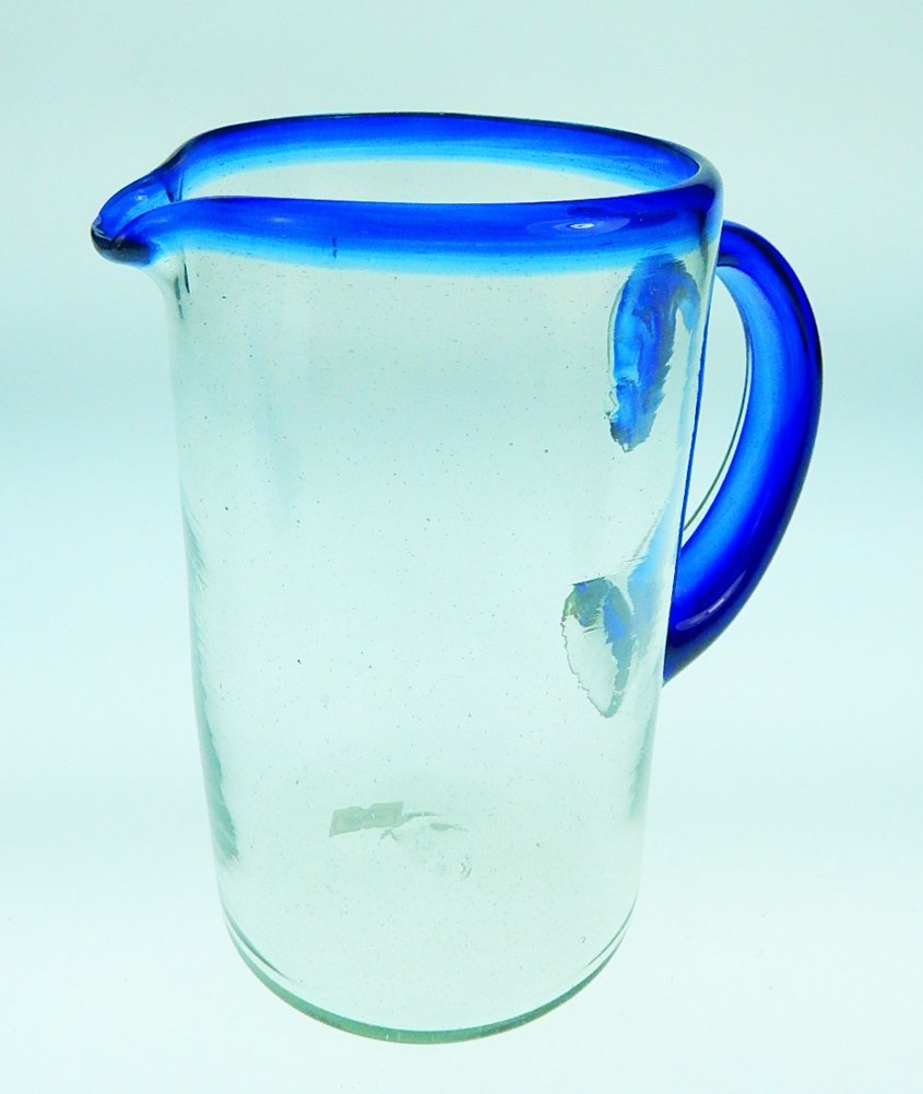 Mexican Glass Margarita or Juice Pitcher, Blue Rim, Straight 1.75