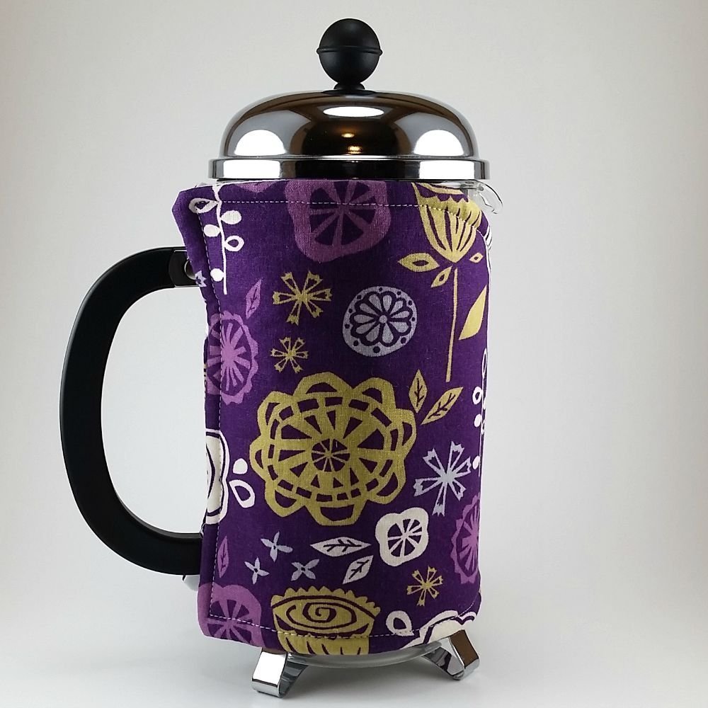 French Press Cozy Cafetiere Cover Purple Cotton Insulated Cosy Handmade Coffee Gift N4 free