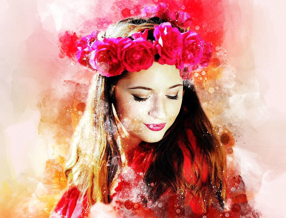 Girl in rose wreath, watercolor painting, digital art free image download