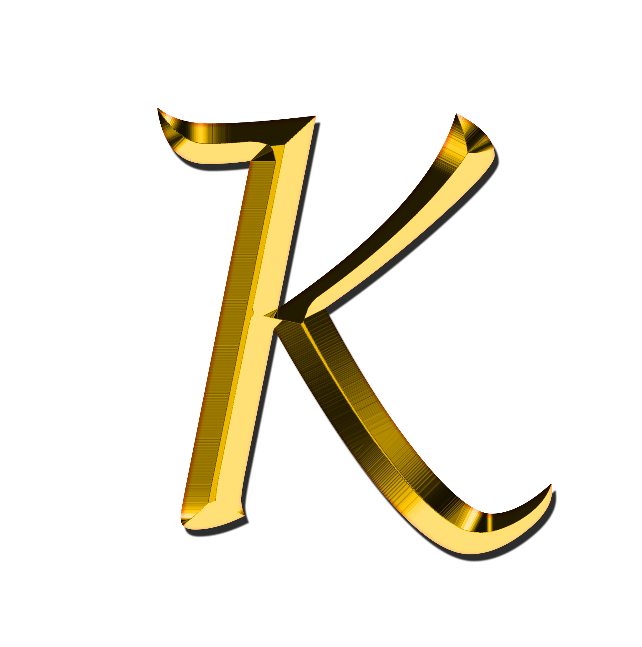 Beautiful, glossy, gold "K" letter, at white background, clipart free