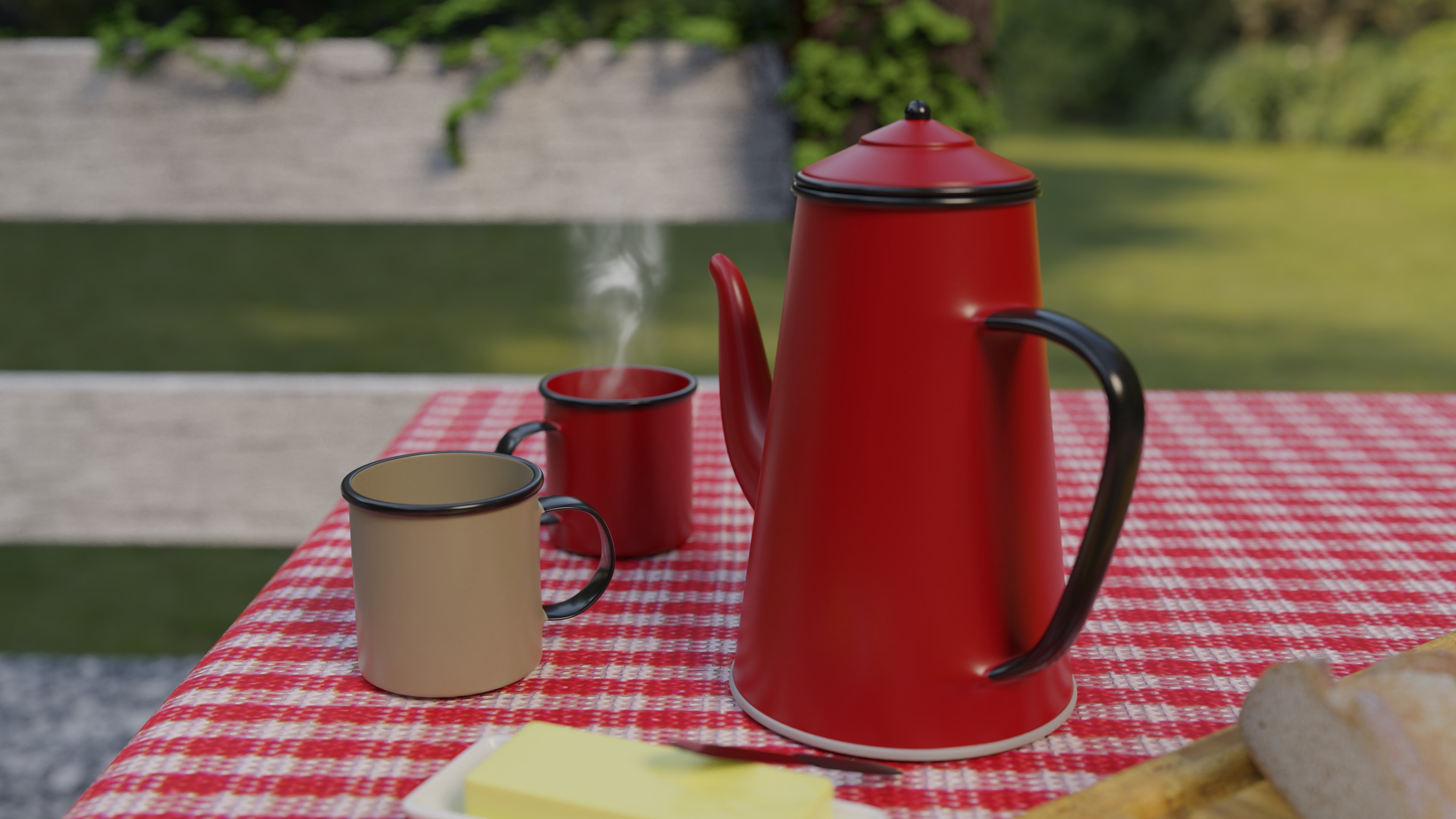 Vintage Red enamel coffee pot and mugs on table outdoor free image download