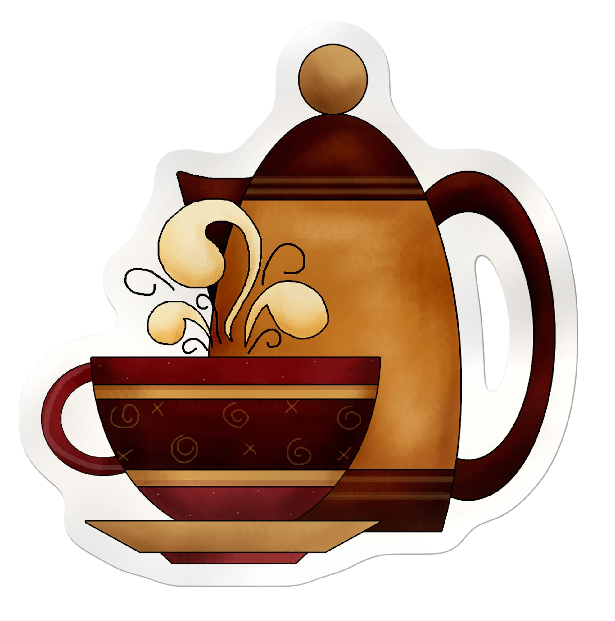 Beautiful and colorful coffee pot and cup on the saucer, clipart free