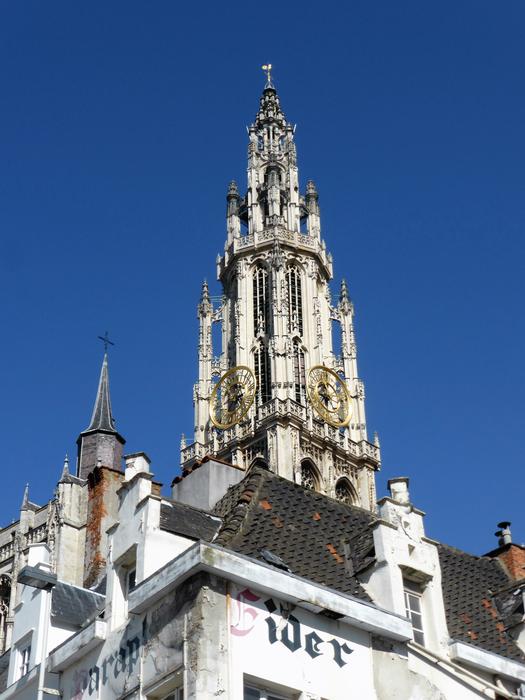Beautiful and colorful tower of the church in sunlight, in Antwerp