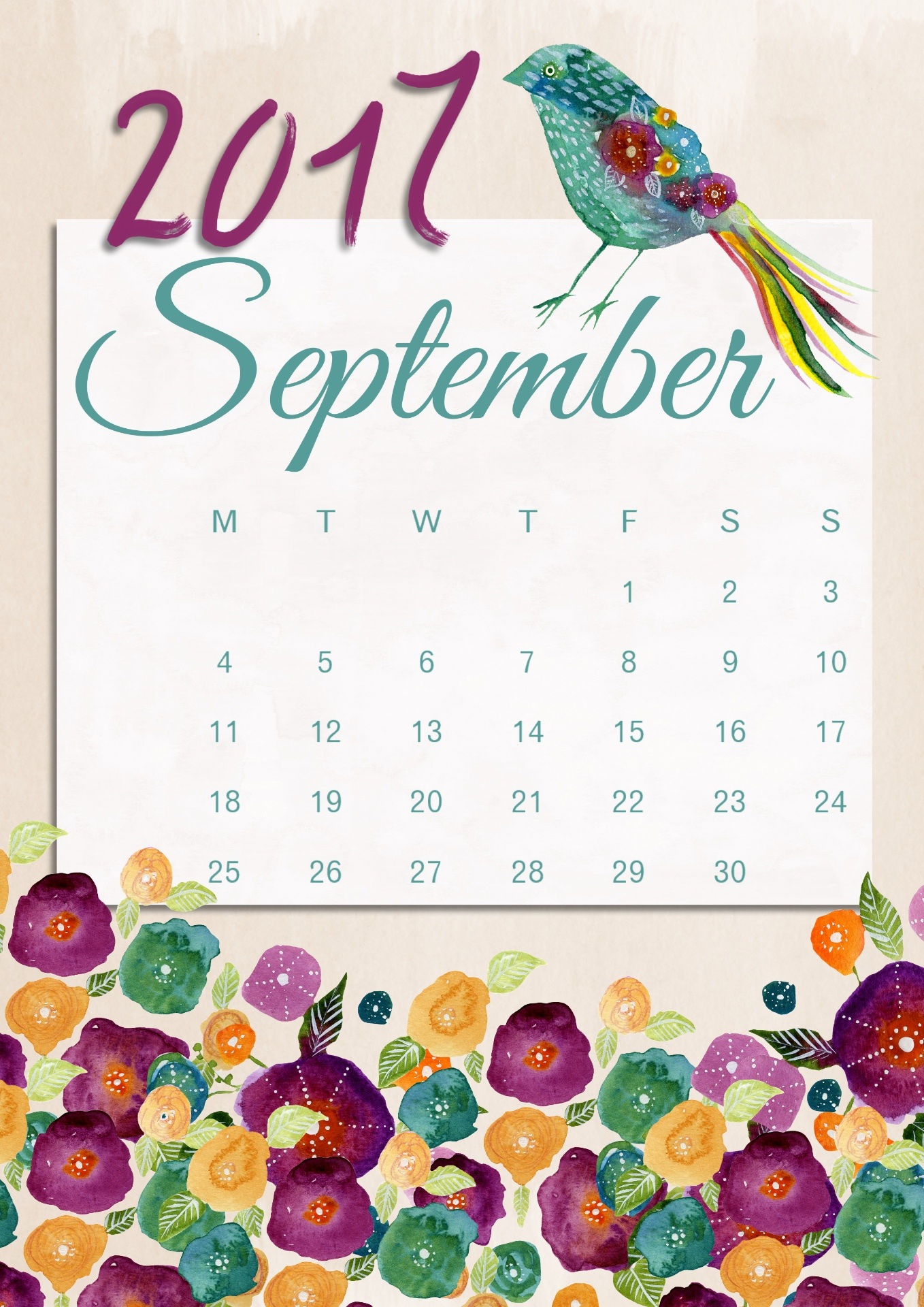 September calendar 2017 floral free image download