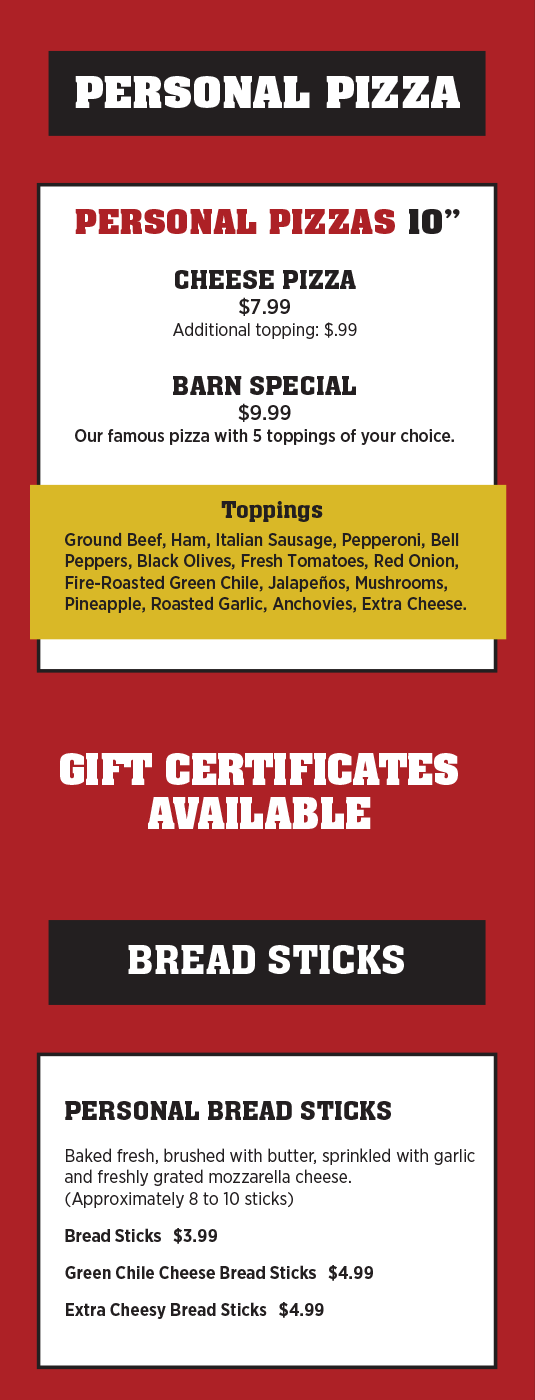 The Pizza Barn, Edgewood, NM Pizza Barn Menu
