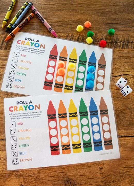 Free Printable Roll a Crayon Game Pjs and Paint