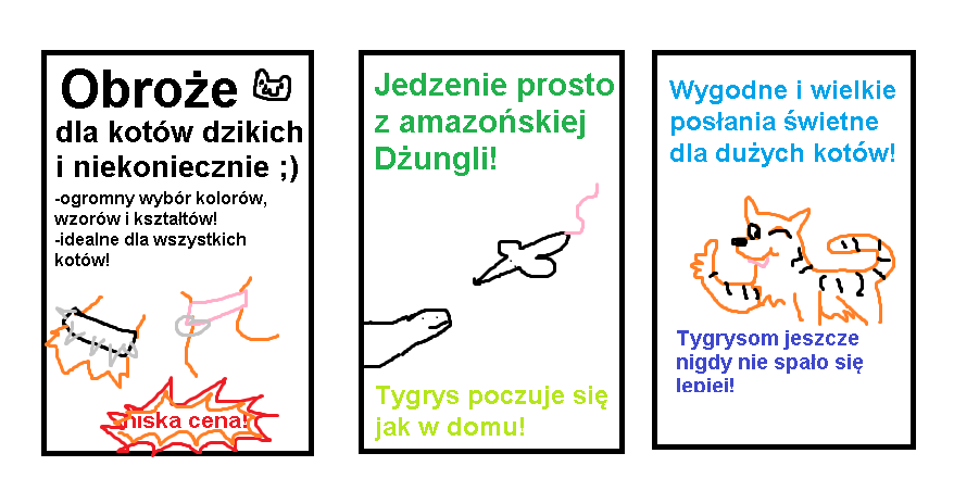 Wymyśl jakie produkty mogłyby sie przydac posiadaczowi tygrysa. Napisz