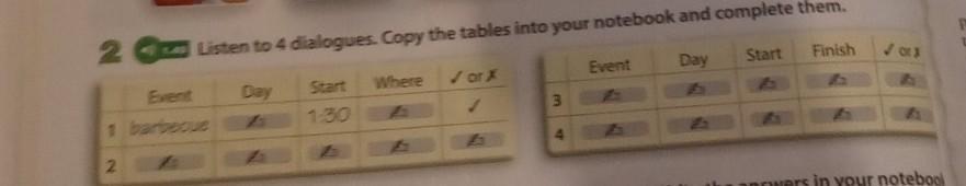 2 Listen to 4 dialogues. Copy the tables into your notebook and