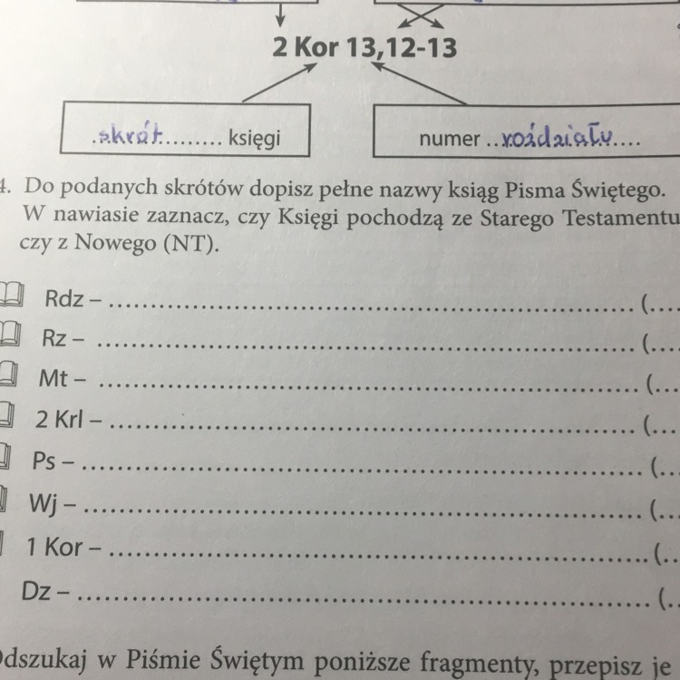 No podanych skrótów dopisz pełne nazwy Ksiąg pisma świętego w nawiasie