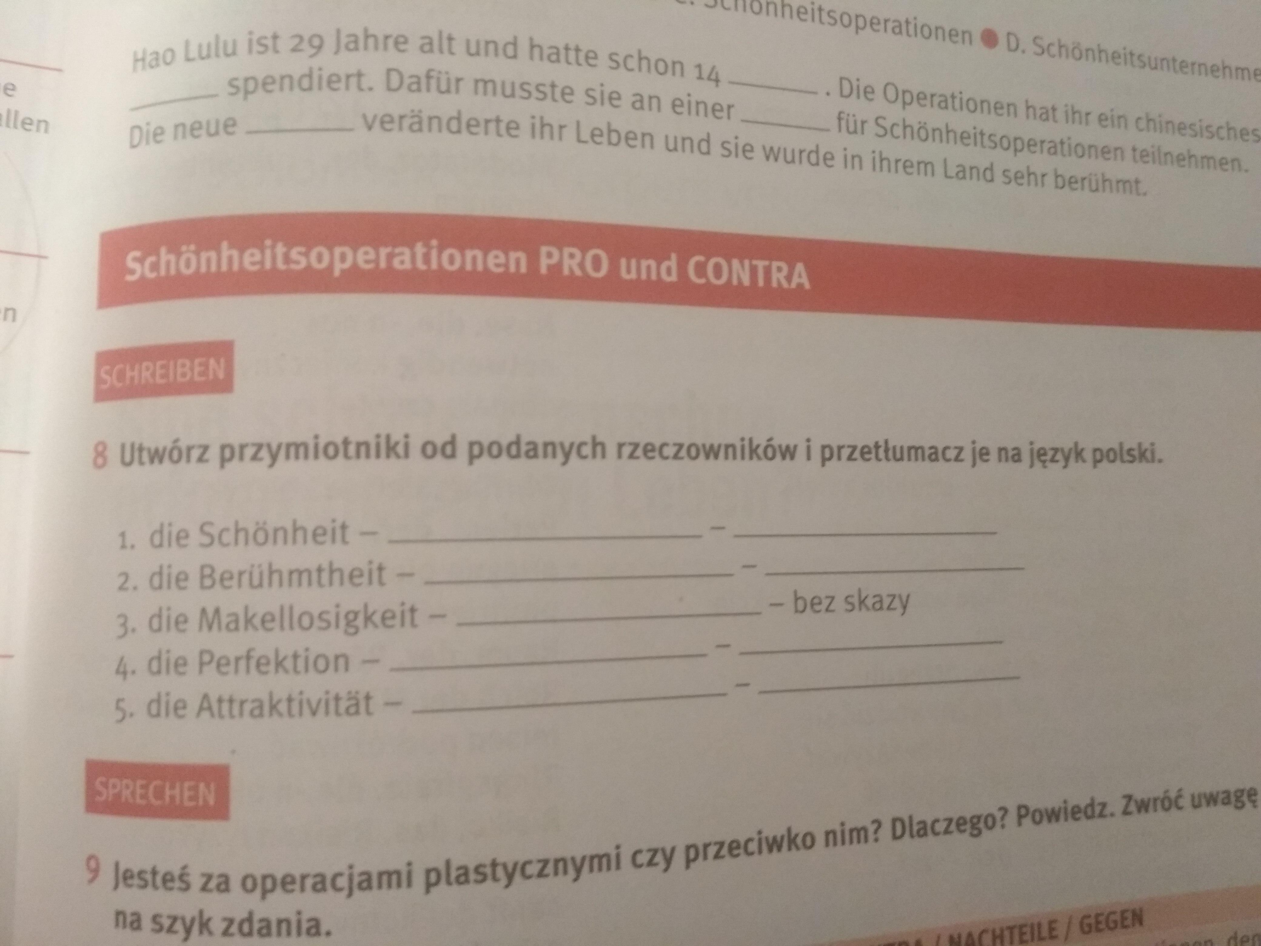 Utwórz przymiotniki od podanych rzeczowników i przetłumacz je na język