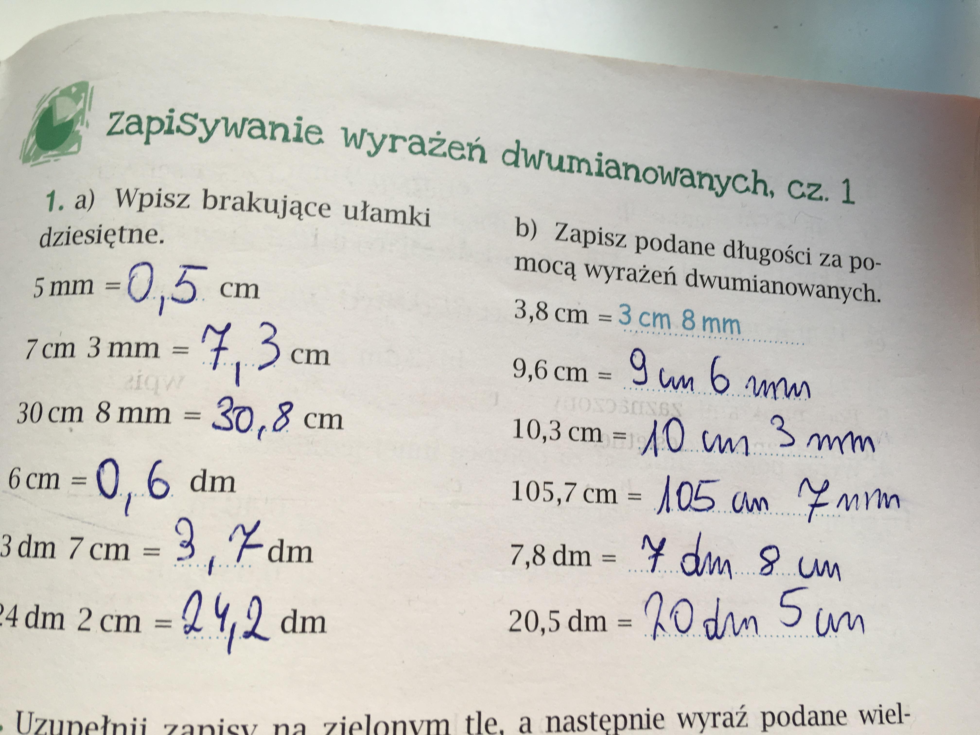 a) Wpisz brakujące ułamki dziesiętne B) Zapisz podane dlugosci za