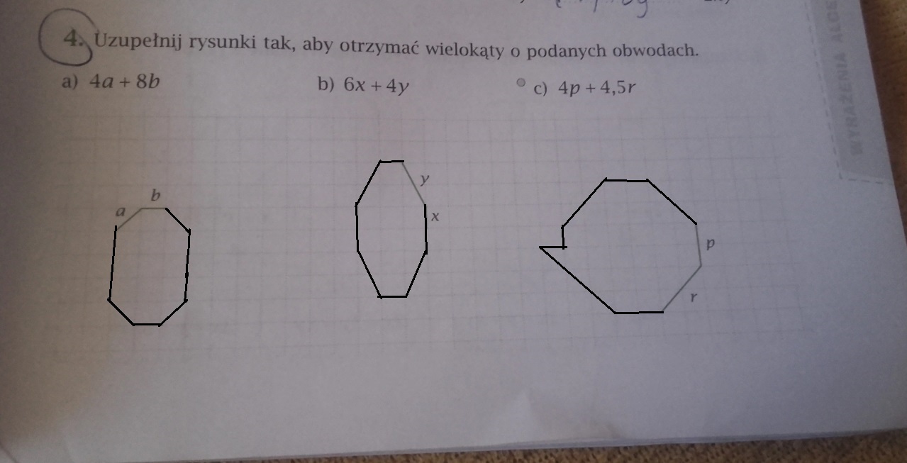 uzupełnij rysunki tak aby otrzymać wielokąty o podanych obwodach.Proszę
